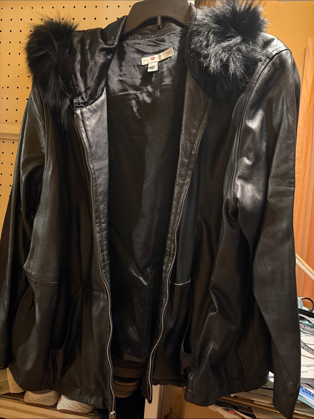 Women's Black Faux Leather Hooded Jacket with Fur Trim